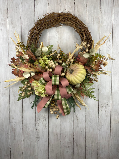 Fall pumpkin and hydrangea wreath