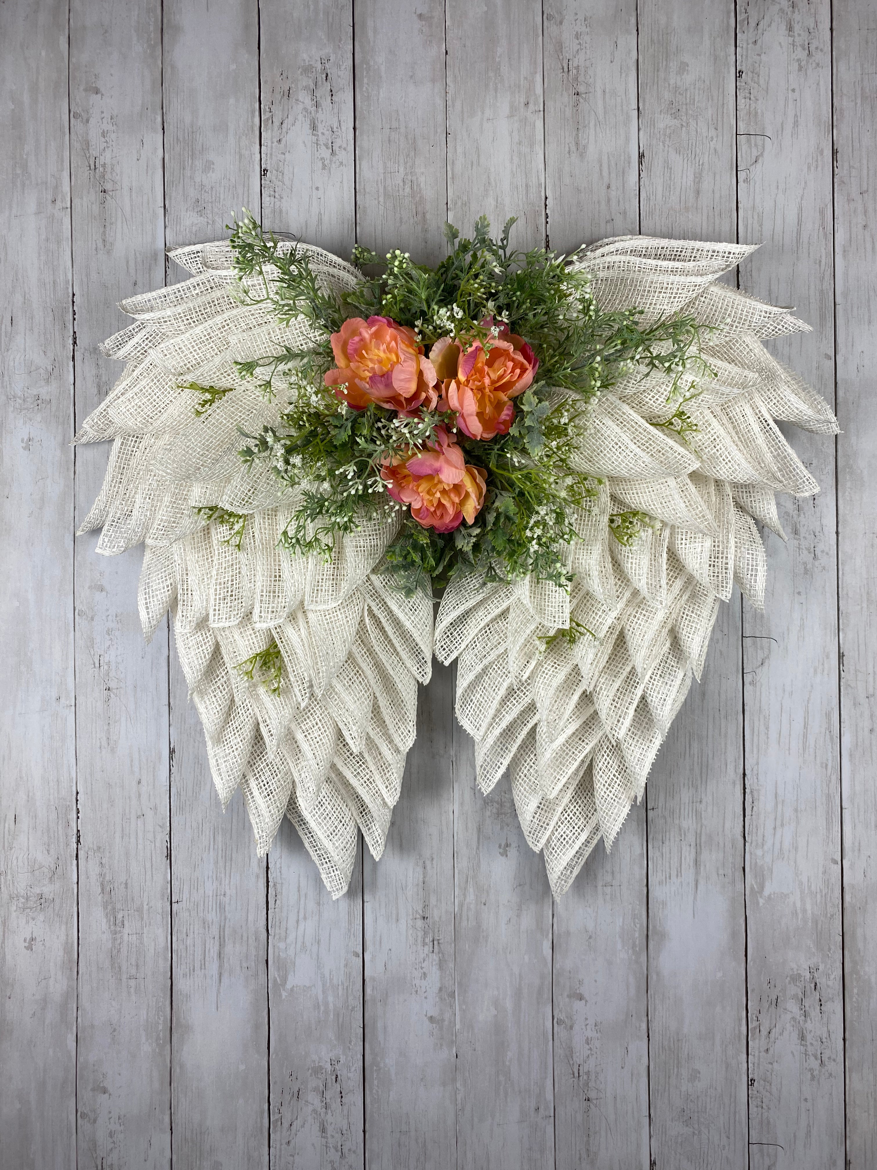 White washed angel wings floral wreath selling