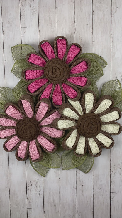 Fall/Autumn Pink Daisy Wreath, Triple Flower Wreath for Fall