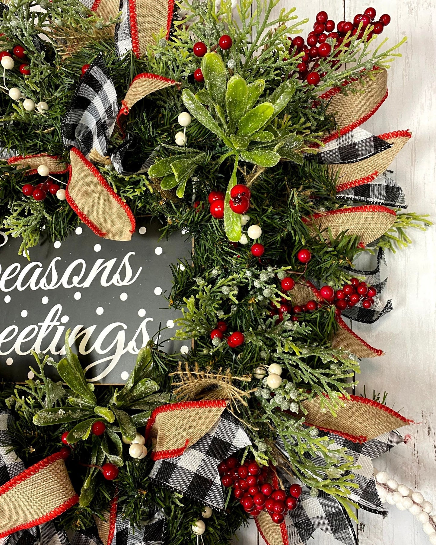 SOLD Farmhouse Christmas Wreath / Seasons Greetings