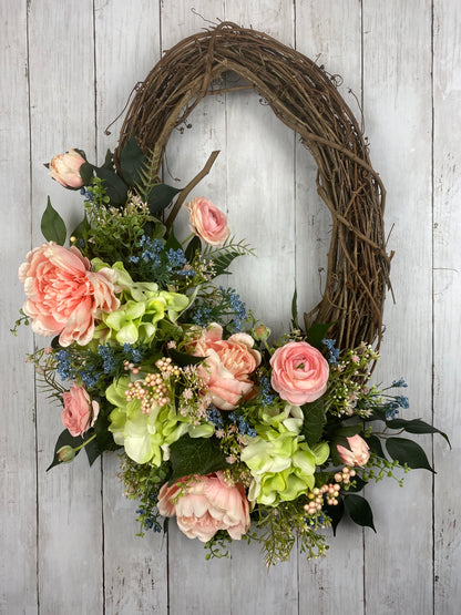 Green Hydrangeas and Pink Roses Wreath