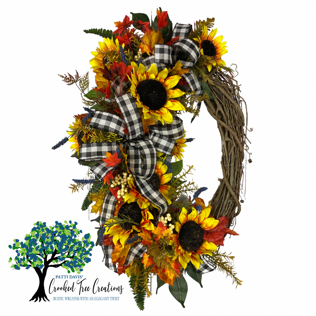SOLD Fall Oval Wreath with Sunflowers and Black / White plaid ribbon ...