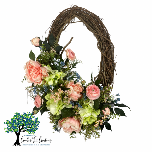 Green Hydrangeas and Pink Roses Wreath