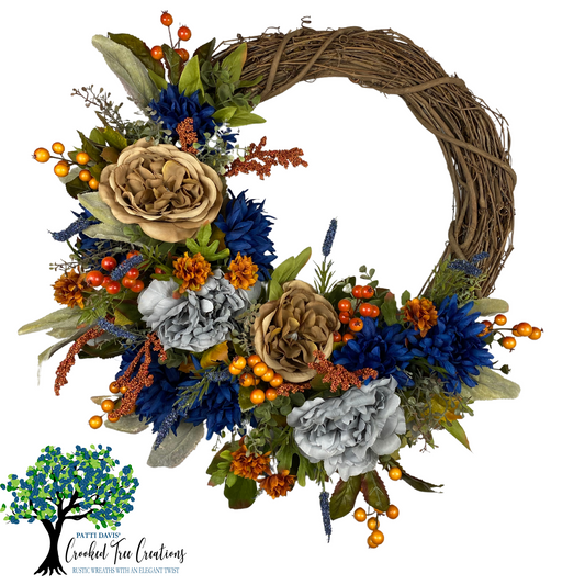 Fall / Autumn Wreath in Blue, Gray and Tan